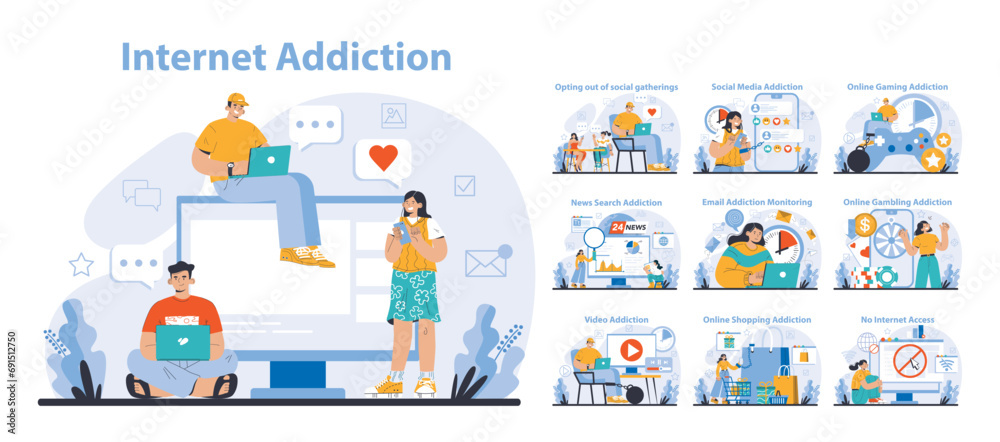 Internet Addiction set. Diverse scenarios showcasing excessive use of digital platforms. From social media to online gaming, a critical take on the digital age. Flat vector illustration. Internet Addiction set. Diverse scenarios showcasing excessive use of digital platforms. From social media to online gaming, a critical take on the digital age. Flat vector illustration.