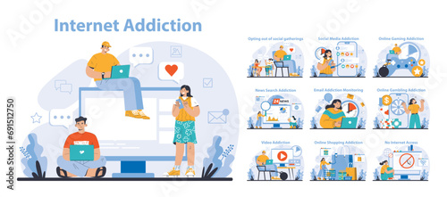 Internet Addiction set. Diverse scenarios showcasing excessive use of digital platforms. From social media to online gaming, a critical take on the digital age. Flat vector illustration. photo