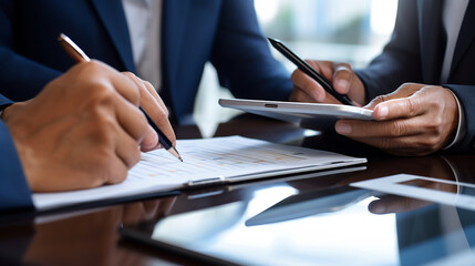 Close up of businessman hands holding pen and writing on paper report at desk in modern coworking office, business man signing contract making a deal