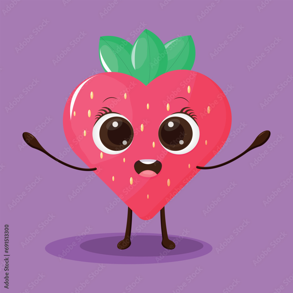 Fototapeta premium Strawberry character design. Cartoon vector illustration of strawberry on purple background