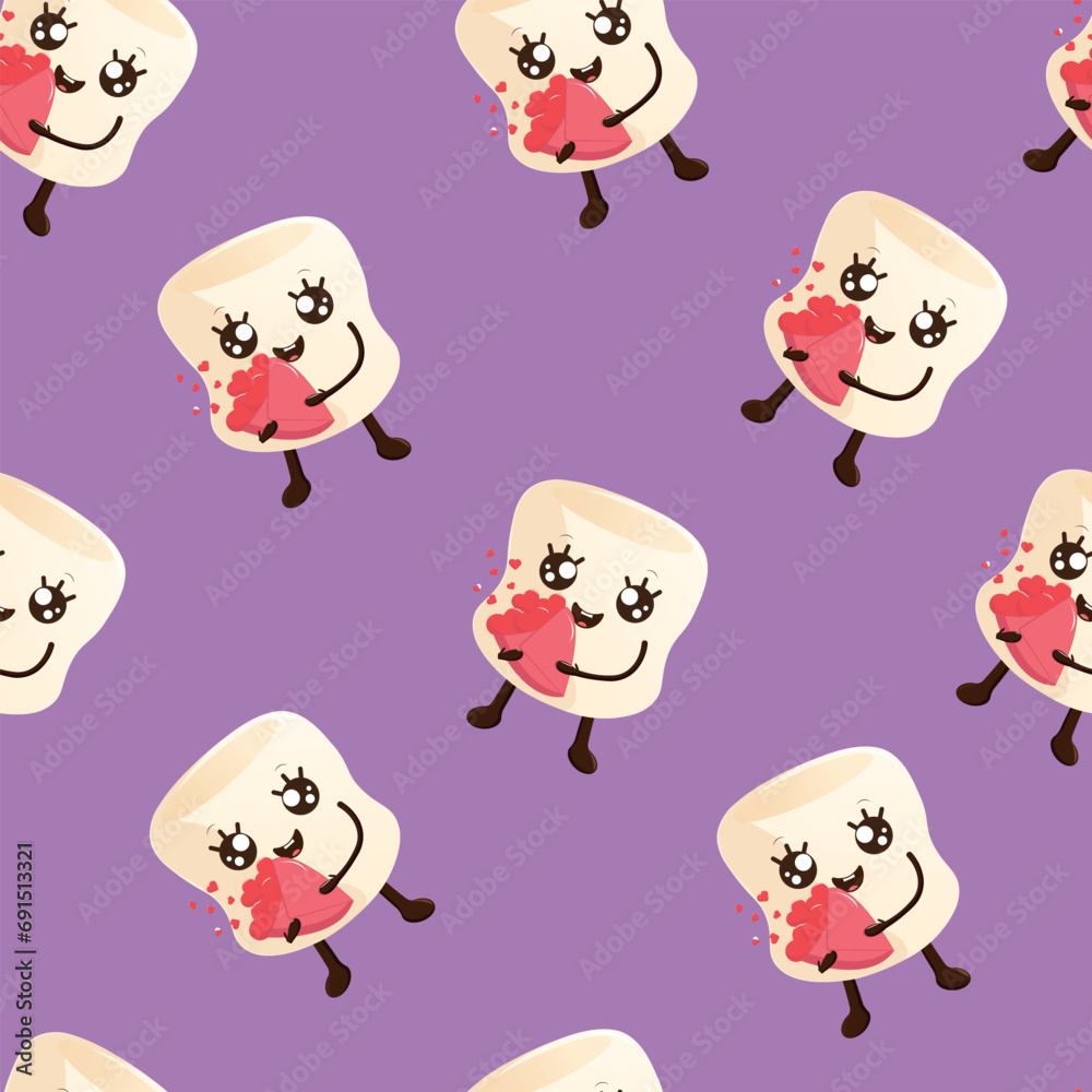 Seamless pattern with marshmallows and a bouquet with red hearts. Valentine's Day Wrapping Paper Seamless pattern with marshmallows and a bouquet with red hearts. Valentine's Day Wrapping Paper