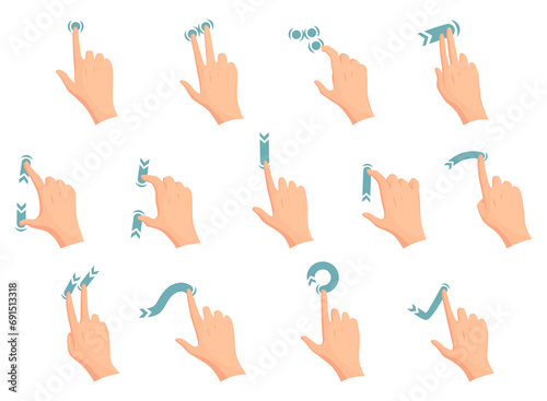 Touch screen hand gestures. Flat colored icon series with movement of fingers isolated  illustration. Hand touchscreen gestures.  like swipe or slide touch