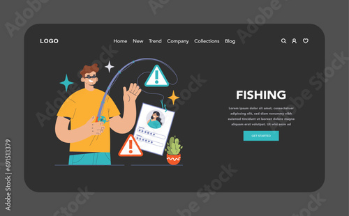 Phishing scam dark or night mode web, landing. Man discerns deceptive email trap, illustrated by fishing rod luring a digital profile. Beware of cyber deception. Flat vector illustration.