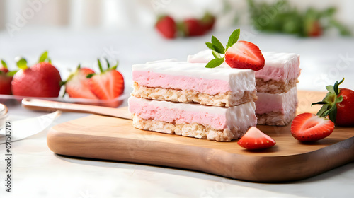Strawberry and cashew coconut bars on a white marble countertop and a white clean wall background. High quality