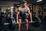 Male bodybuilders exercising with barbell, confident man weightlifter doing weight lifting workout at gym.