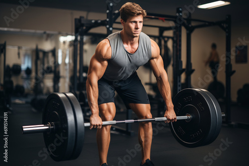 Male bodybuilders exercising with barbell, confident man weightlifter doing weight lifting workout at gym.