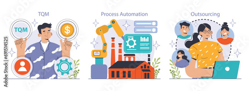 Reducing the cost of production set. Automatization and effective optimization of manufacturing expense. Balance of costs and income. Flat vector illustration