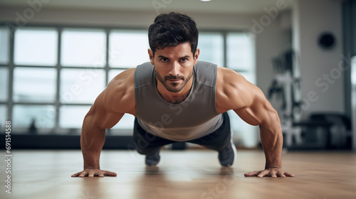Young athletic man doing push ups exercise outdoors in gym for healthy wellbeing