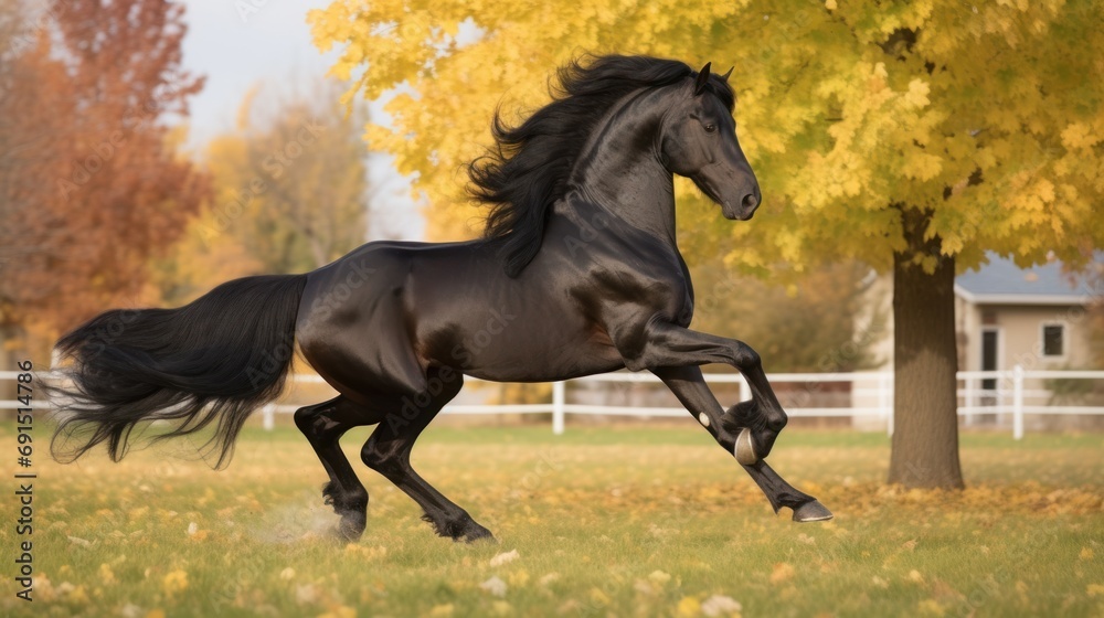 Naklejka premium Beautiful black horse running on the lawn. Outdoor background.