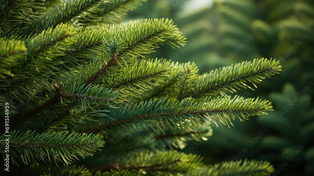 Beautiful fir or Christmas tree branches, selective focus, coniferous forest outdoor background with copy space.