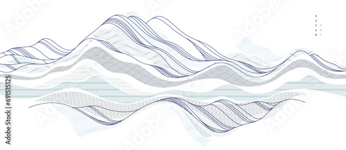 Abstract oriental Japanese art vector background, traditional style design, wavy shapes and mountains terrain landscape, runny like sea lines.