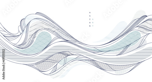 Nature art oriental Japanese style vector abstract background, runny like water shapes and lines with textures.