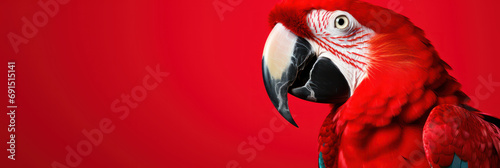 Beautiful macaw parrot bird on red background, wide horizontal panoramic banner with copy space, or web site header with empty area for text. © Sunny_nsk