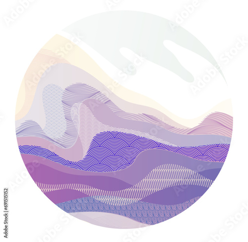Abstract oriental Japanese art vector background in a shape of circle, traditional style design, wavy shapes and mountains terrain landscape, runny like sea lines.