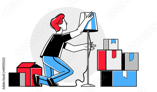 Moving to new apartment or business moving to new office, person carry and unpack boxes with stuff, beginning of new life, vector outline illustration.