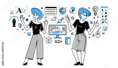 Graphic designers team working on some creative project vector outline illustration, inspired digital artists doing some visual job on pc software, composing and editing.