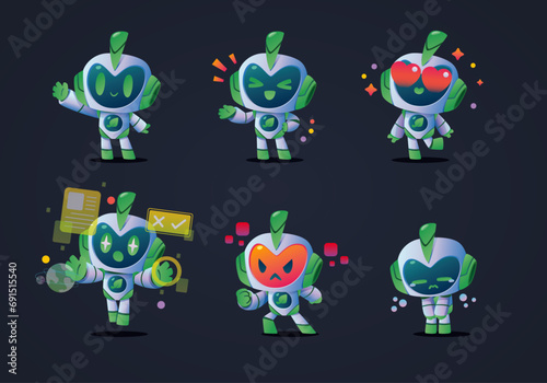 set of cartoon character minimal eco clean modern white green robots mascot photo