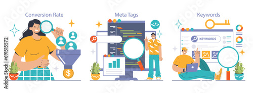 Website analysis set. Conversion rate and traffic analysis. Experts analyzing website performance. User engagement strategy. SEO optimization. Flat vector illustration