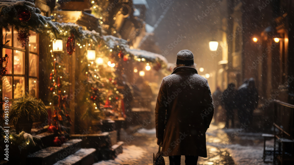 Christmas Lights Illuminate an Old Town Alley, Creating a Magical Atmosphere Amidst the Snowfall.