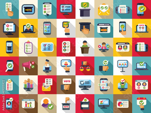 Electronic voting icons set flat vector. Phone vote digital. Smartphone election