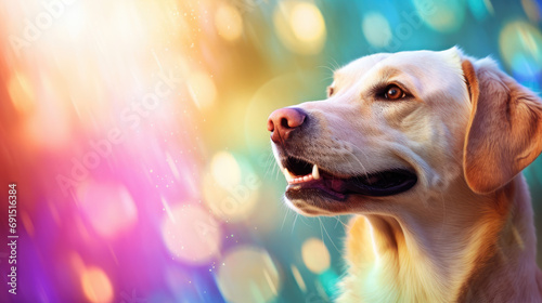 Labrador Retriever, yellow lab, looking to the side, Graphic banner with copyspace. Rainbow colored bokeh photo