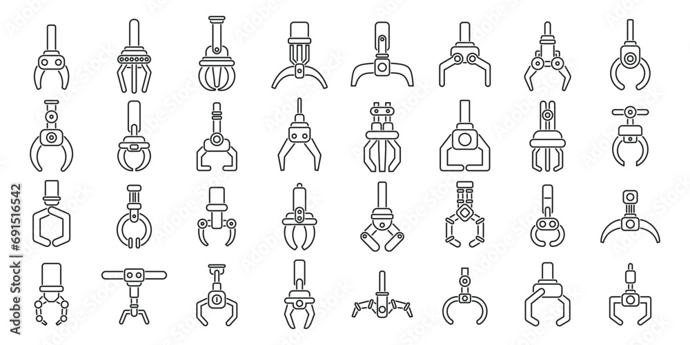 Grabber icons set outline vector. Crane claw game. Machine robotic toy - obrazy, fototapety, plakaty 