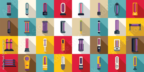 Ultraviolet portable sterilizer icons set flat vector. Bacterium bulb. Lamp uv light