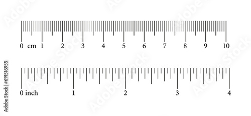Set of measuring charts with 10 centimeters and 4 inches. Collection of templates rulers scale with numbers. Sewing tool. Length measurement math, distance, height. Vector simple illustration. Eps. photo