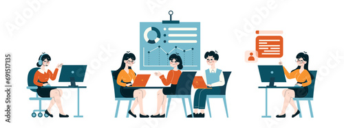 Corporate Analysis and Reporting set. Employees engaged in data interpretation and strategic planning. Utilizing technology for business intelligence and growth. Flat vector illustration