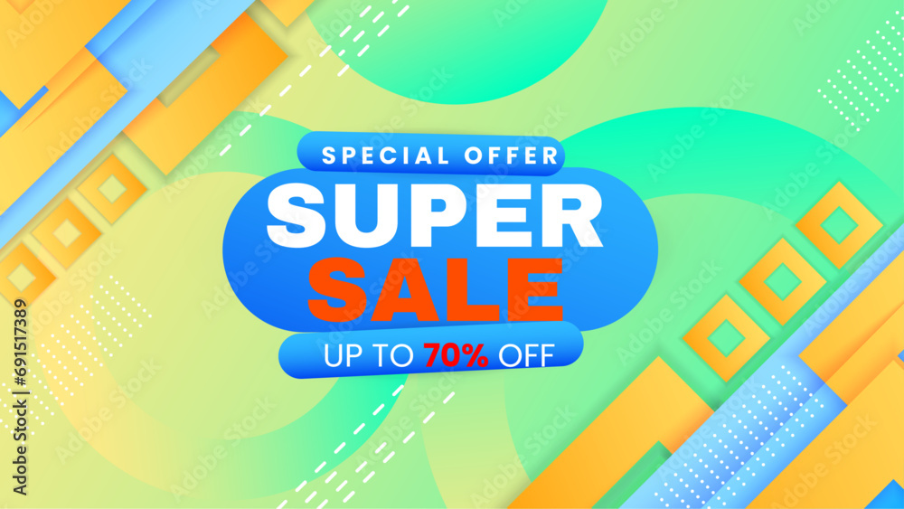 Obraz premium Green blue and orange vector super sale discount background offer template. Vector super sale template design. Big sales special offer. End of season party background