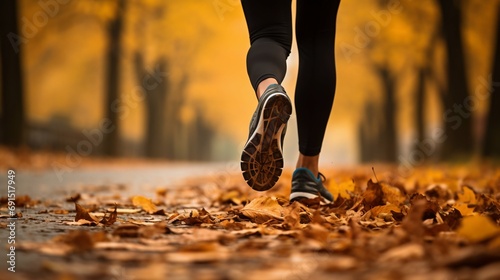 Autumn Jogging: Close-Up on Runner's Shoes Amongst Fallen Leaves. Generative ai
