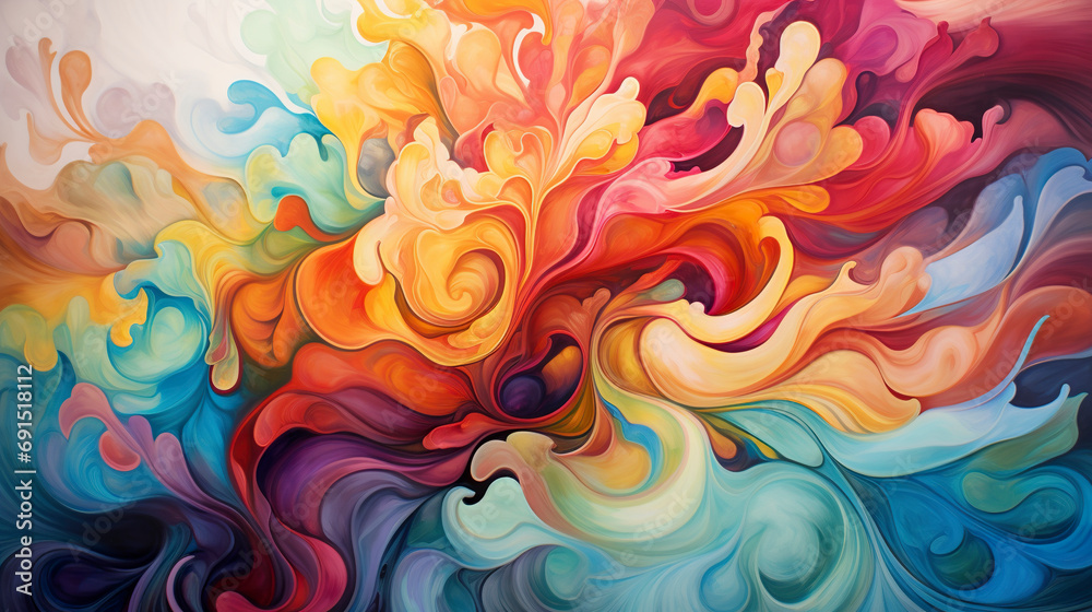 Painting illustration with vibrant swirling colors in harmony in visual spectacle. Vibrant tones and abstract shapes in digital artistic painting in constant movement.
