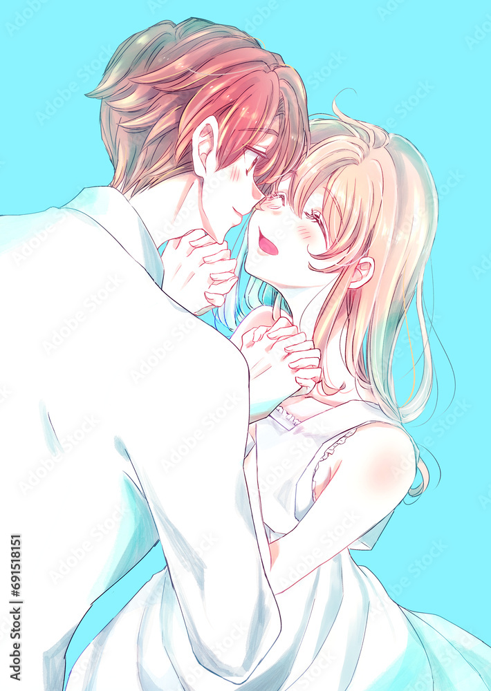 手を握って向かい合う幸せそうな男女 手を握って向かい合う幸せそうな男女