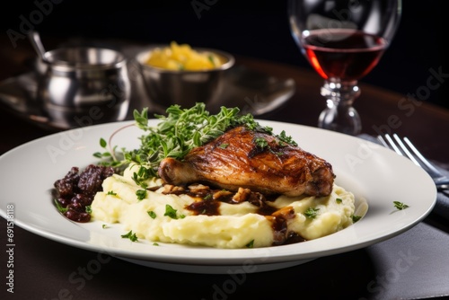 An exquisite dining experience featuring a roasted quail main course  accompanied by mashed potatoes and a fine red wine