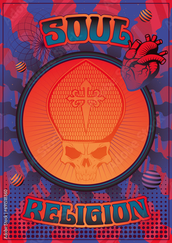 Psychedelic Art Style Poster Template, Skull in Pope's Hat, Psychedelic Colors and Abstract Shapes Background 