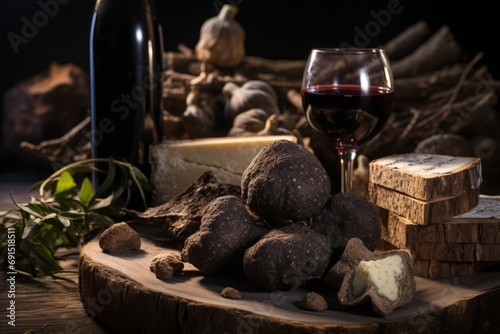 A detailed image of freshly unearthed black truffles displayed on a vintage wooden surface, accompanied by a truffle shaver and a glass of fine wine