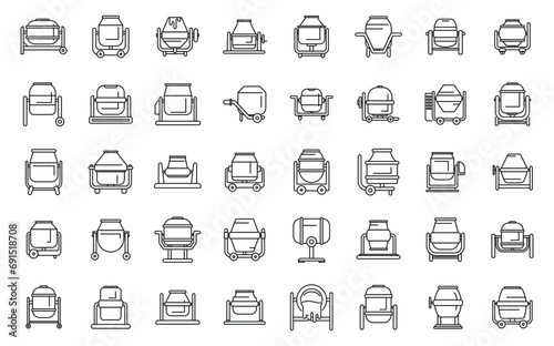 Cement mixer icons set outline vector. Concrete material mix. Site builder