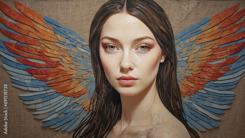 portrait of a beautiful female face - in the background a mosaic of bright colors in the shape of spread wings