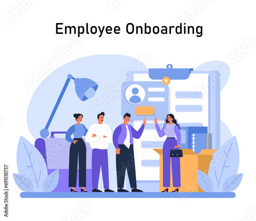 Employee Onboarding concept. New team members discuss with a manager near a giant clipboard, showcasing the welcoming process and integration steps. Flat vector illustration. photo