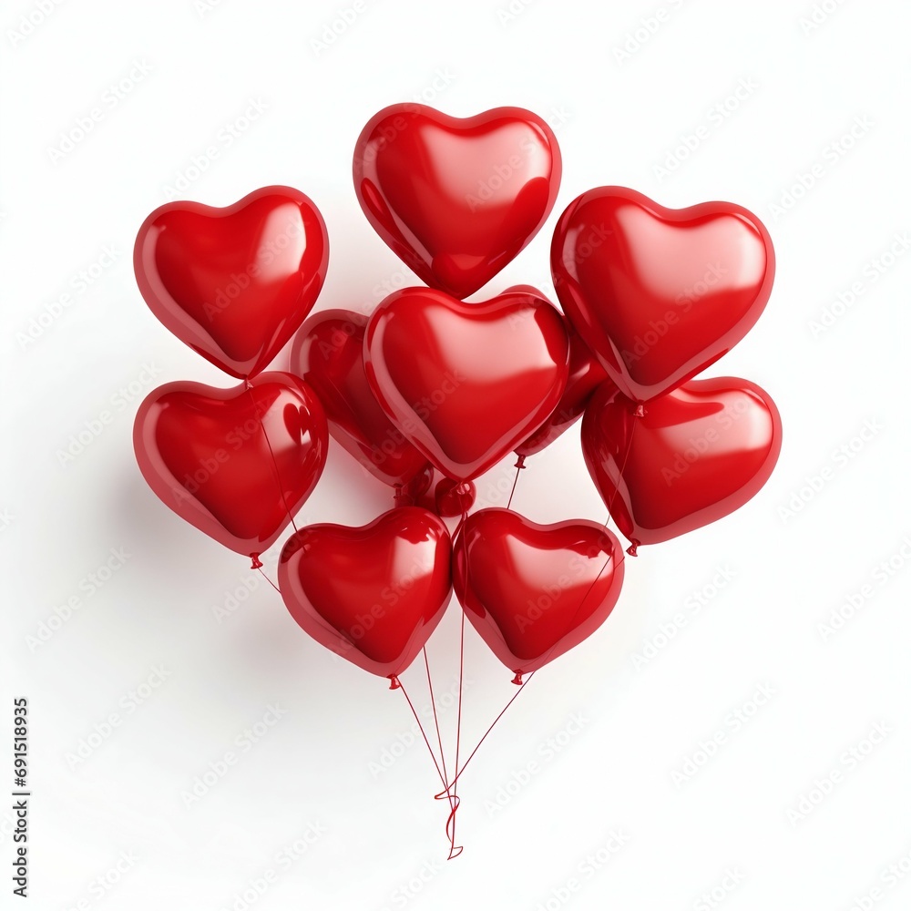 Bunch of Red Heart Balloons Isolated on White. Generative ai