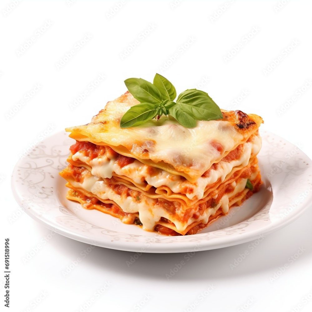 Lasagna on a plate isolated on white background