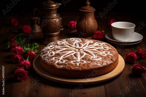 Elaborately decorated Slava cake, a centerpiece of the Serbian Orthodox celebration, displayed on a vintage wooden table photo