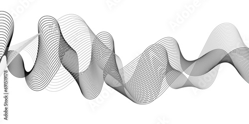 Abstract grey, white smooth element swoosh speed wave modern stream background. Wave with lines created using blend tool. Abstract frequency sound wave lines and twisted curve lines background.