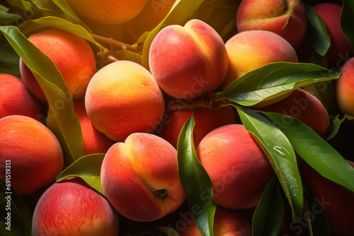 Close up of ripe peaches on tree