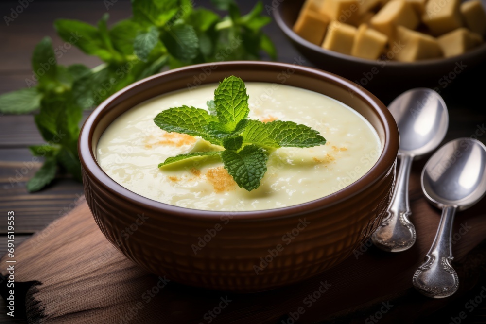 A delightful serving of homemade custard, topped with a dusting of cinnamon and a sprig of mint, presented on an old-fashioned wooden surface A delightful serving of homemade custard, topped with a dusting of cinnamon and a sprig of mint, presented on an old-fashioned wooden surface