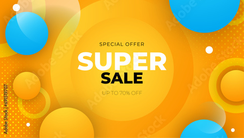Blue and yellow vector mega sales background with abstract shapes. Vector super sale template design. Big sales special offer. End of season party background