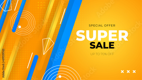 Blue and yellow vector gradient mega super sale background. Vector super sale template design. Big sales special offer. End of season party background