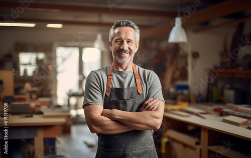 Portrait of smiling confident senior male carpenter in workshop