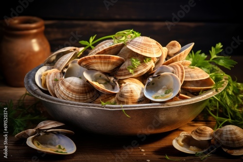Freshly caught clams on a wooden table, waiting to be transformed into a seafood delicacy © aicandy