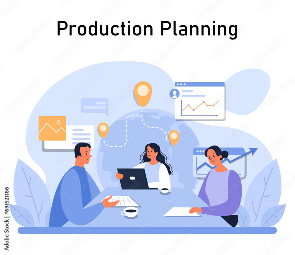 Production Planning Team concept. Strategic meeting for operational efficiency and workflow optimization. Streamlined project coordination. Flat vector illustration. Production Planning Team concept. Strategic meeting for operational efficiency and workflow optimization. Streamlined project coordination. Flat vector illustration.